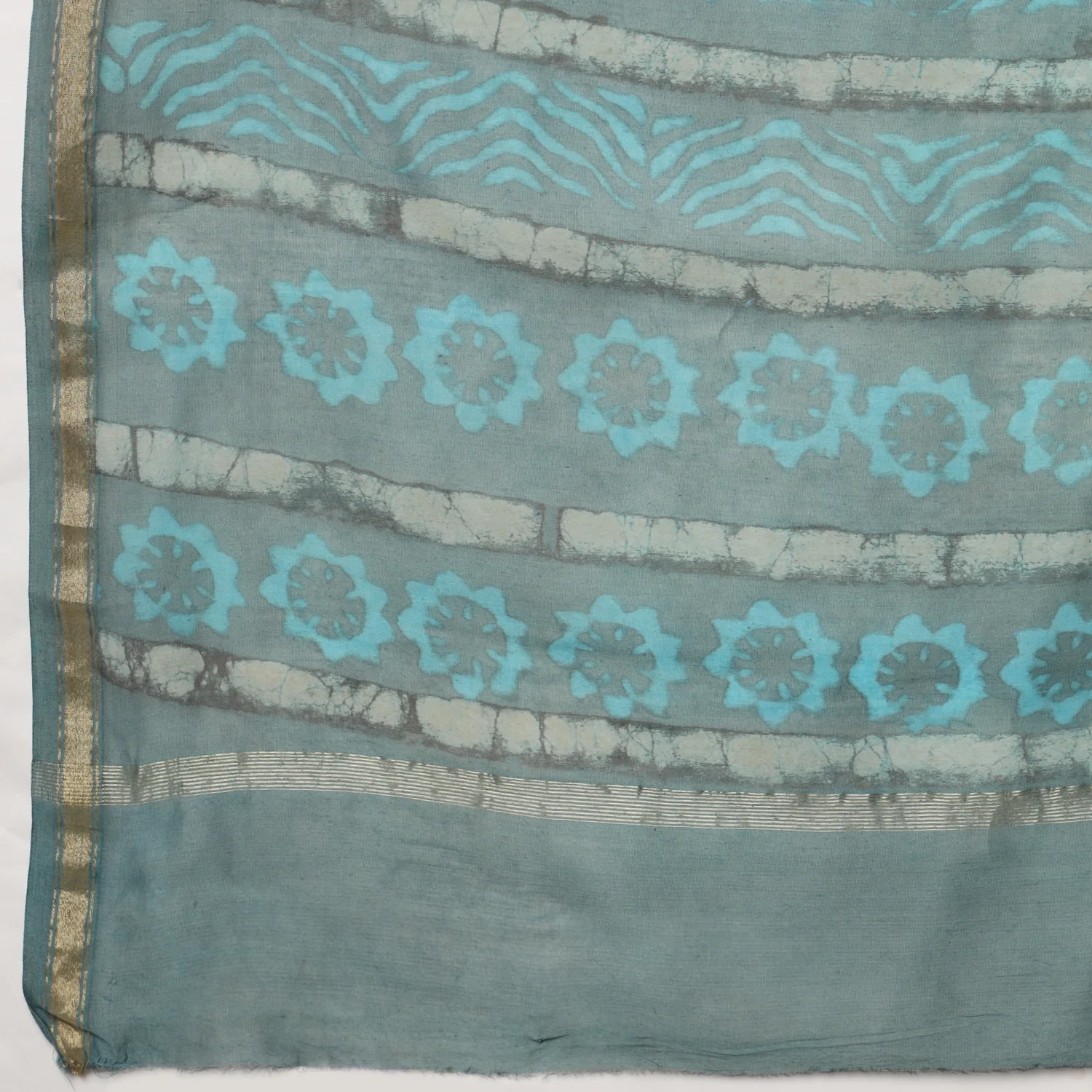 Urmika - Aqua & Grey Hand Block Print Chanderi Silk Saree - Image 7