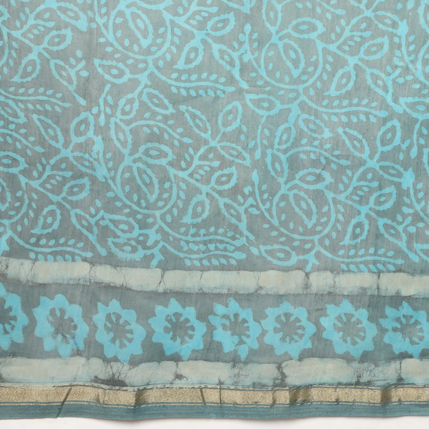 Urmika - Aqua & Grey Hand Block Print Chanderi Silk Saree - Image 8