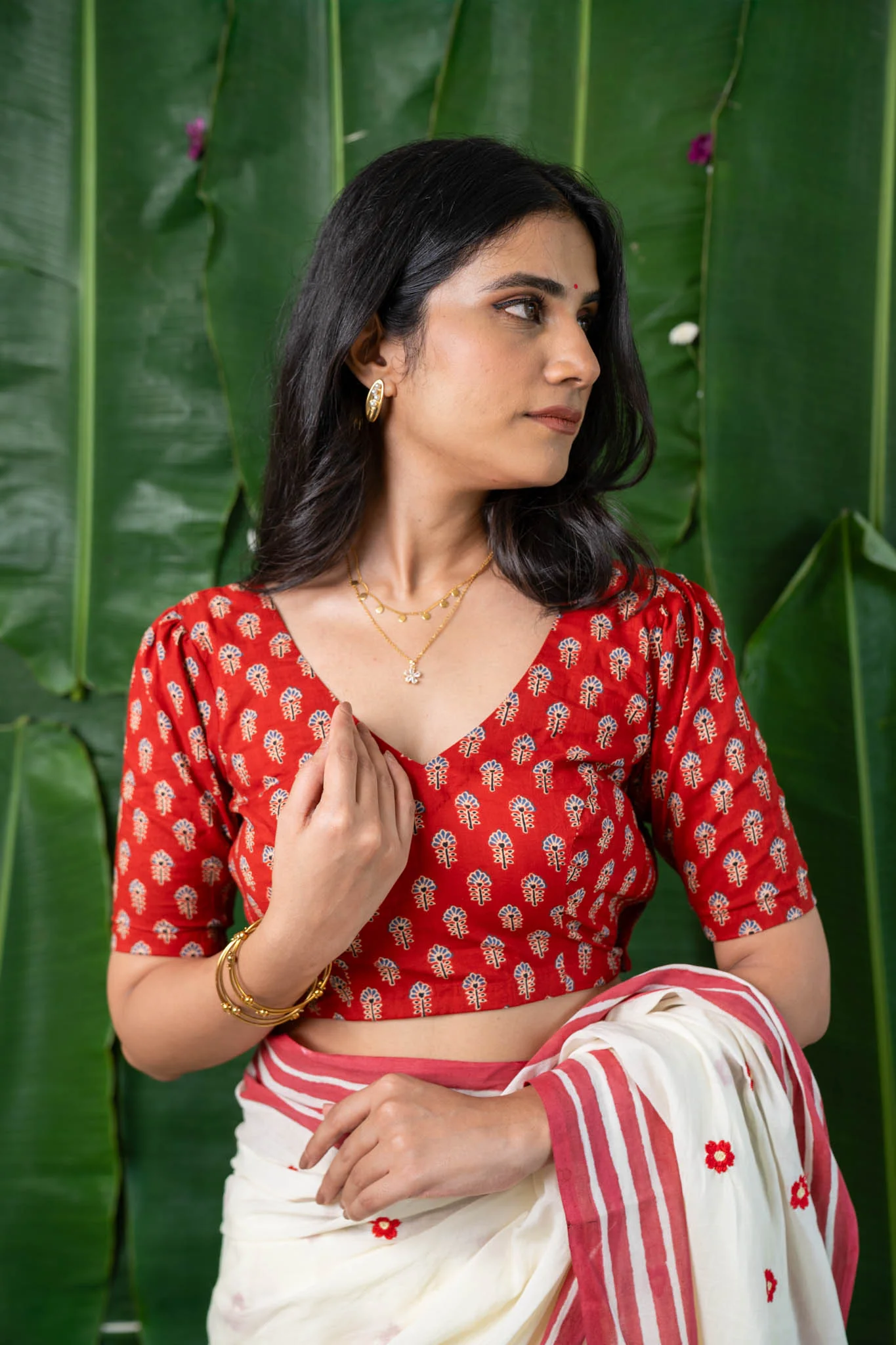 Vasudha - CurveFit Stretchable Cotton Red Printed Blouse - Image 3