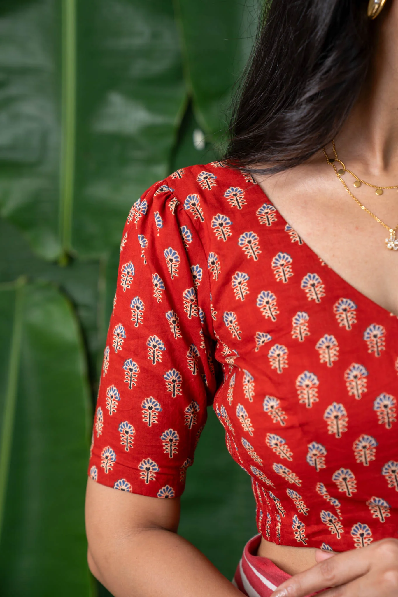 Vasudha - CurveFit Stretchable Cotton Red Printed Blouse - Image 4