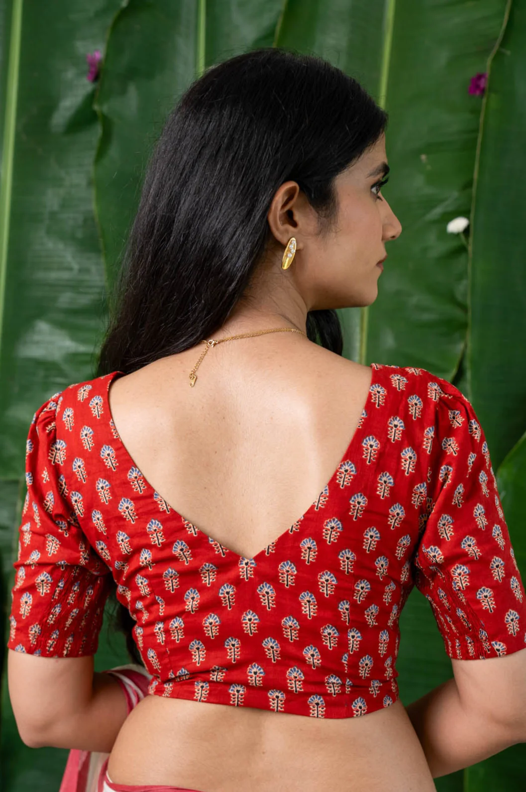 Vasudha - CurveFit Stretchable Cotton Red Printed Blouse - Image 5