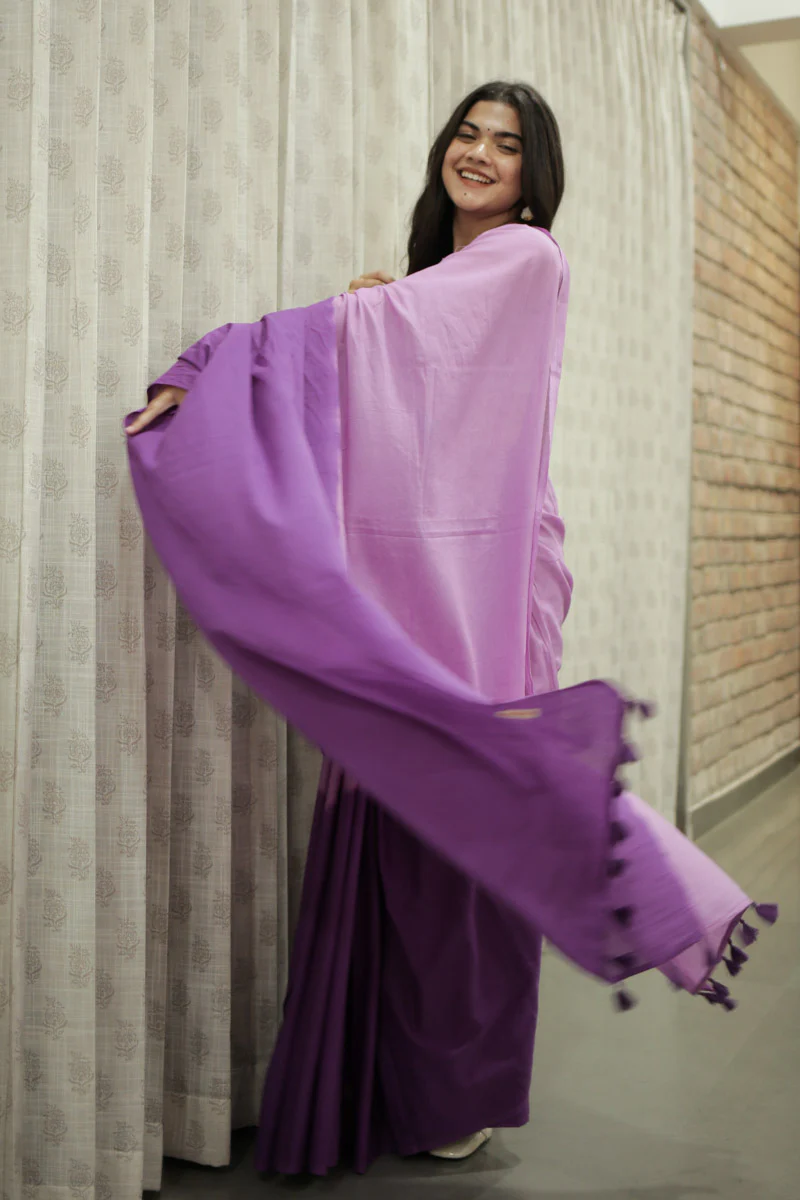 Violet Haze Ombre Hand Dyed Mulmul Cotton Saree - Image 3