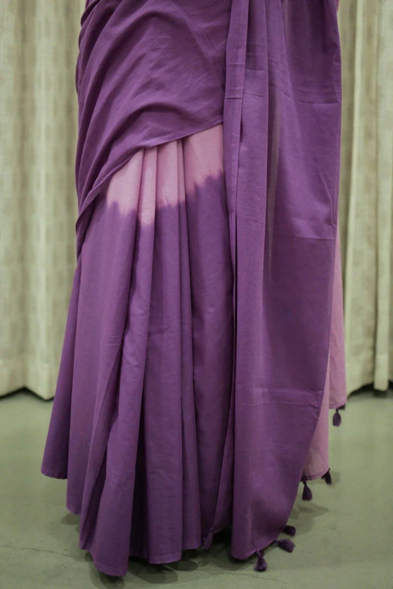 Violet Haze Ombre Hand Dyed Mulmul Cotton Saree - Image 5