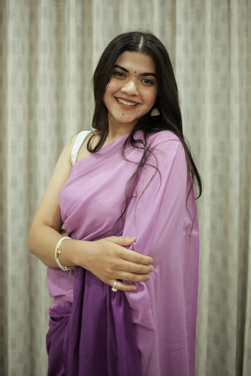 Violet Haze Ombre Hand Dyed Mulmul Cotton Saree - Image 4