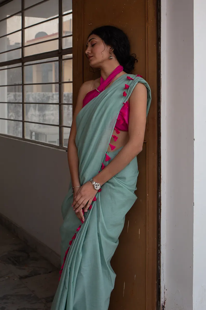 Waking up in Panjim - Sea Green Mulmul Cotton Saree with Tassels - Image 4
