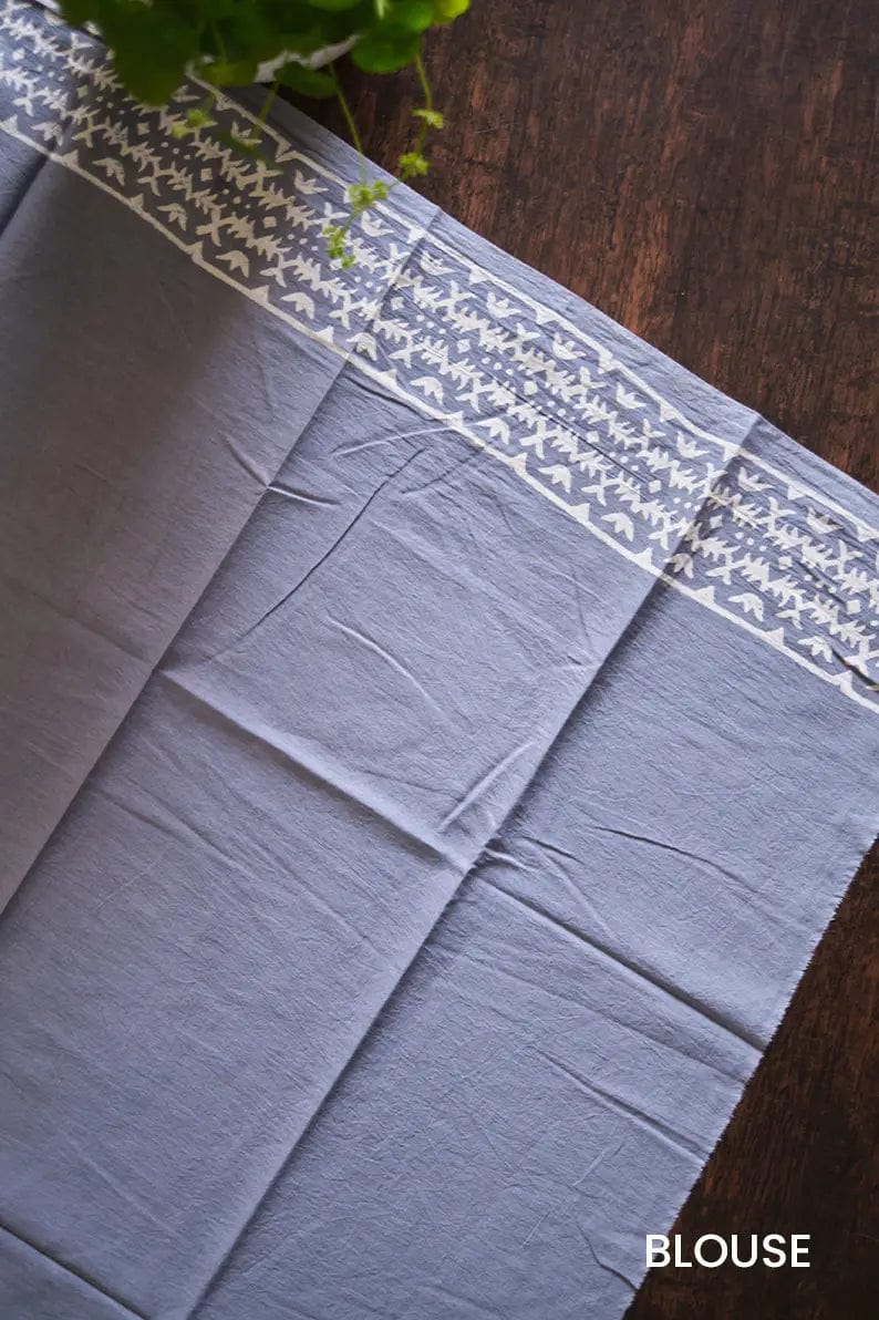 Walking in Cochin - Grey Block Print Mulmul Cotton Bagru Saree - Image 8