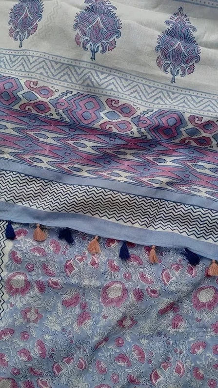 Whimsical Blue - Hand Block Print Mulmul Cotton Bagru Saree - Image 7