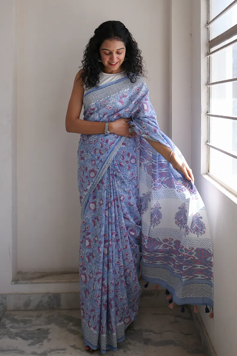 Whimsical Blue - Hand Block Print Mulmul Cotton Bagru Saree - Image 6