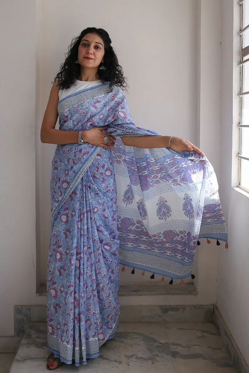 Whimsical Blue - Hand Block Print Mulmul Cotton Bagru Saree - Image 3