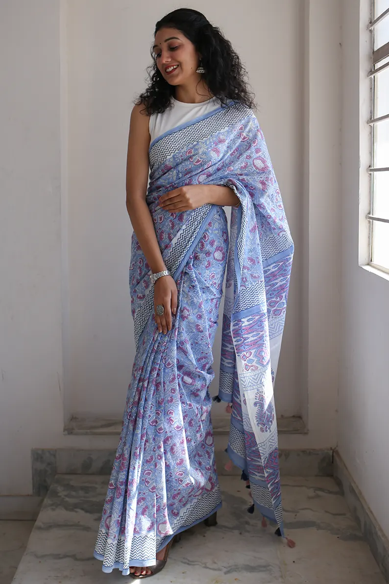 Whimsical Blue - Hand Block Print Mulmul Cotton Bagru Saree - Image 4