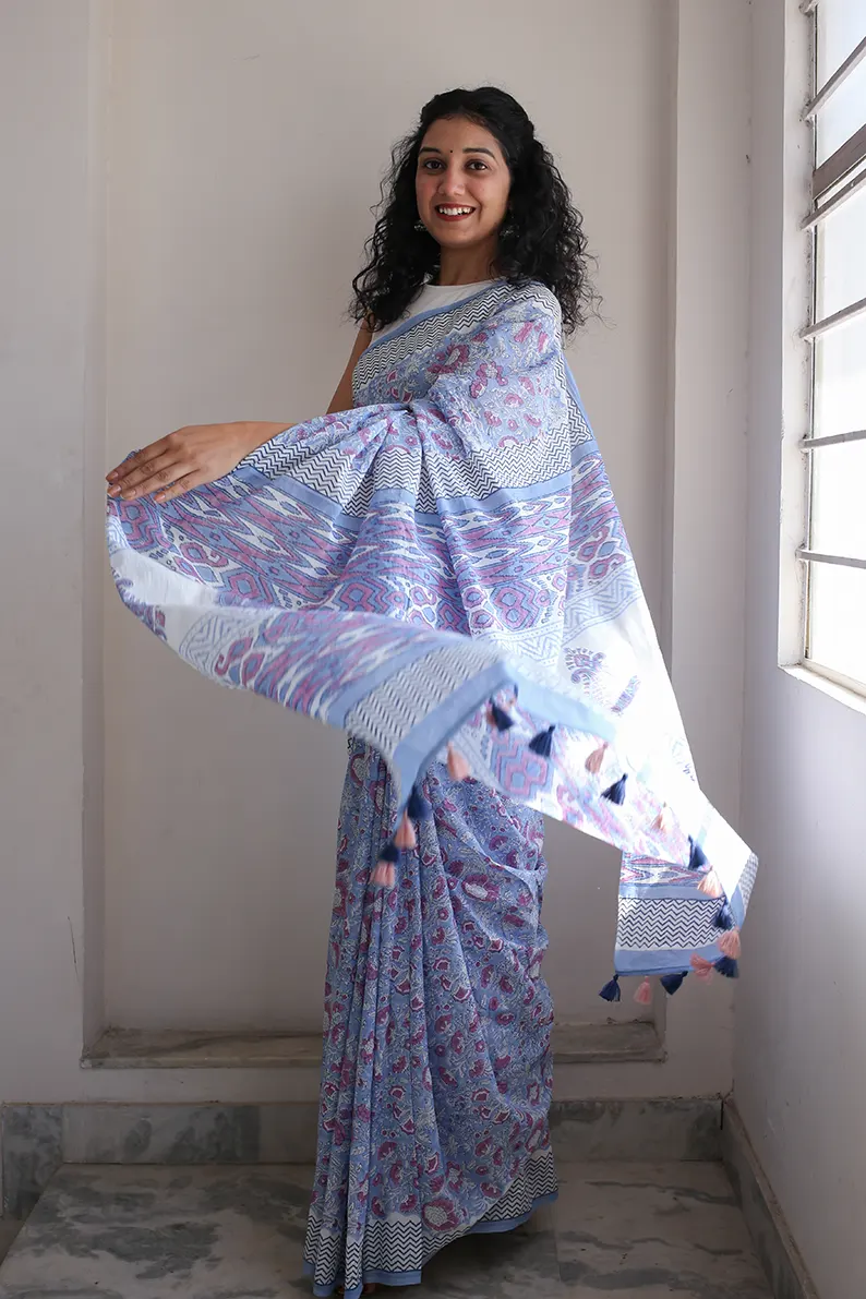 Whimsical Blue - Hand Block Print Mulmul Cotton Bagru Saree - Image 5
