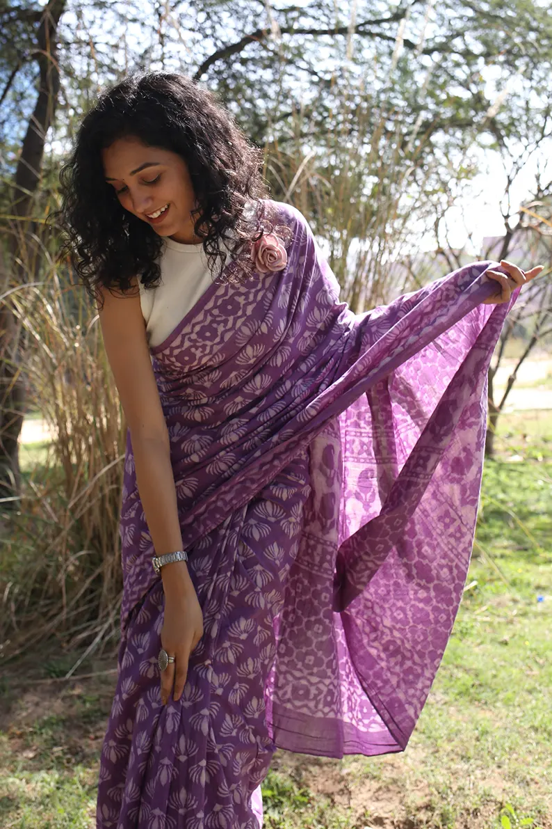 Wild Violet - Dabu Hand Block Print Mulmul Cotton Bagru Saree - Image 4