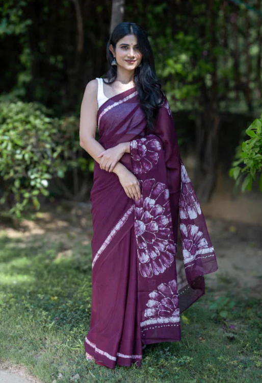Wine Pop - Mauve Batik Pure Mulmul Cotton Saree - Image 6