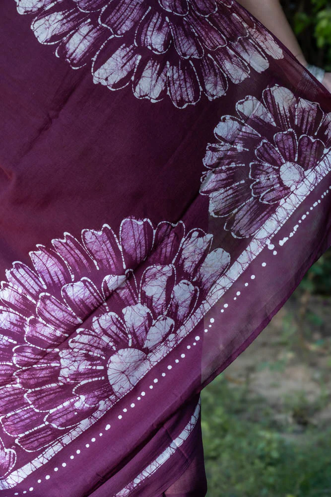 Wine Pop - Mauve Batik Pure Mulmul Cotton Saree - Image 7
