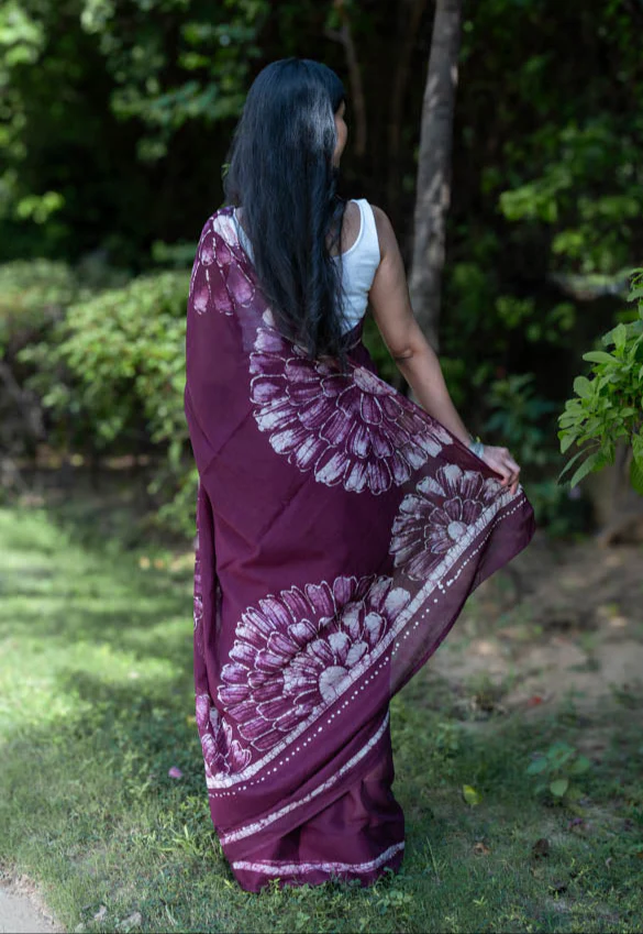 Wine Pop - Mauve Batik Pure Mulmul Cotton Saree - Image 4