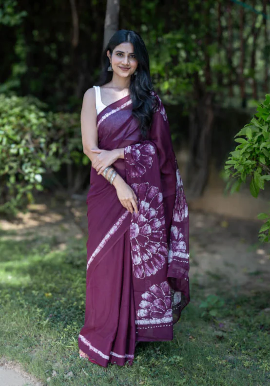 Wine Pop - Mauve Batik Pure Mulmul Cotton Saree - Image 3