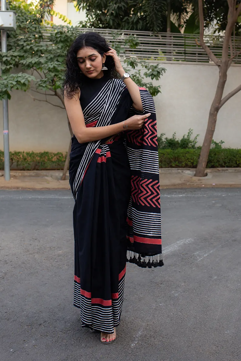 Lady in Black - Hand Block Print Mulmul Cotton Bagru Saree - Image 4