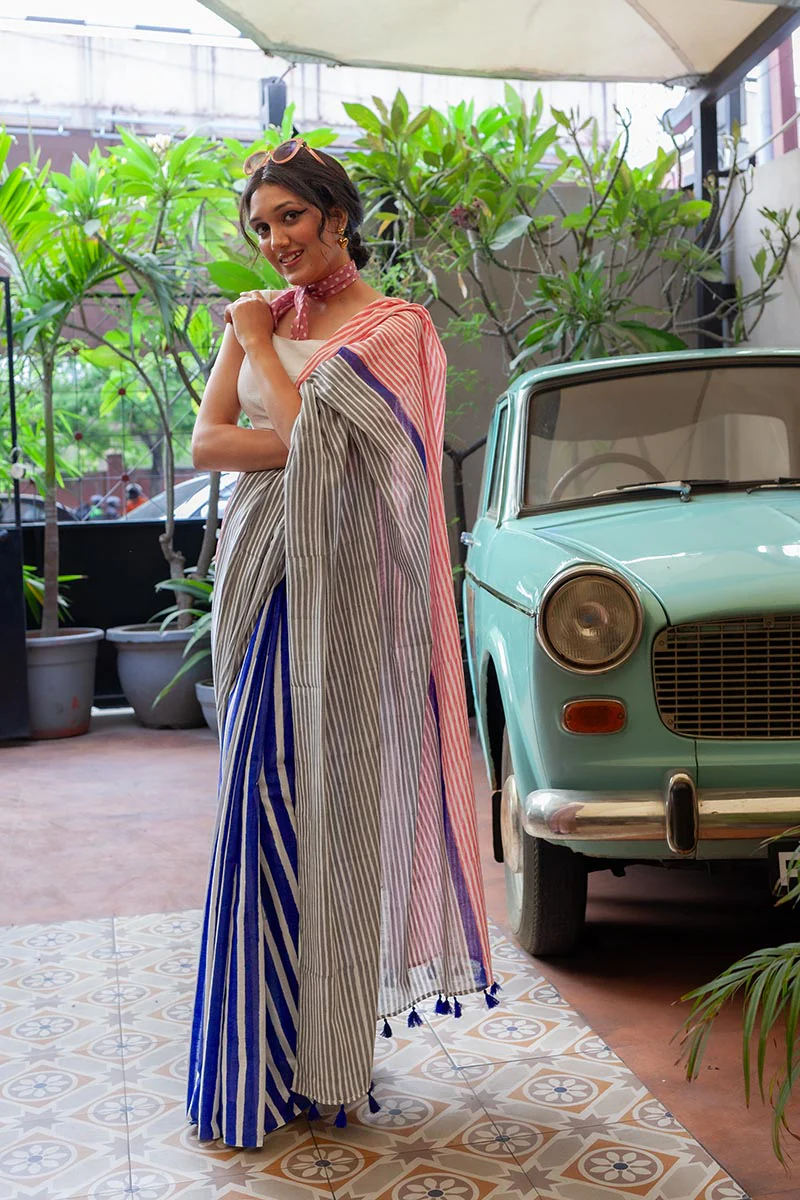Laila Hand Block Print Mul Mul Cotton Saree - Image 6