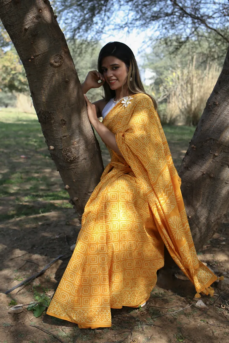 Yellow Glow - Hand Block Print Mulmul Cotton Bagru Saree - Image 3