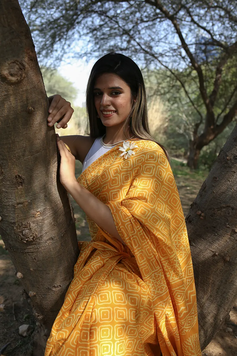Yellow Glow - Hand Block Print Mulmul Cotton Bagru Saree - Image 4