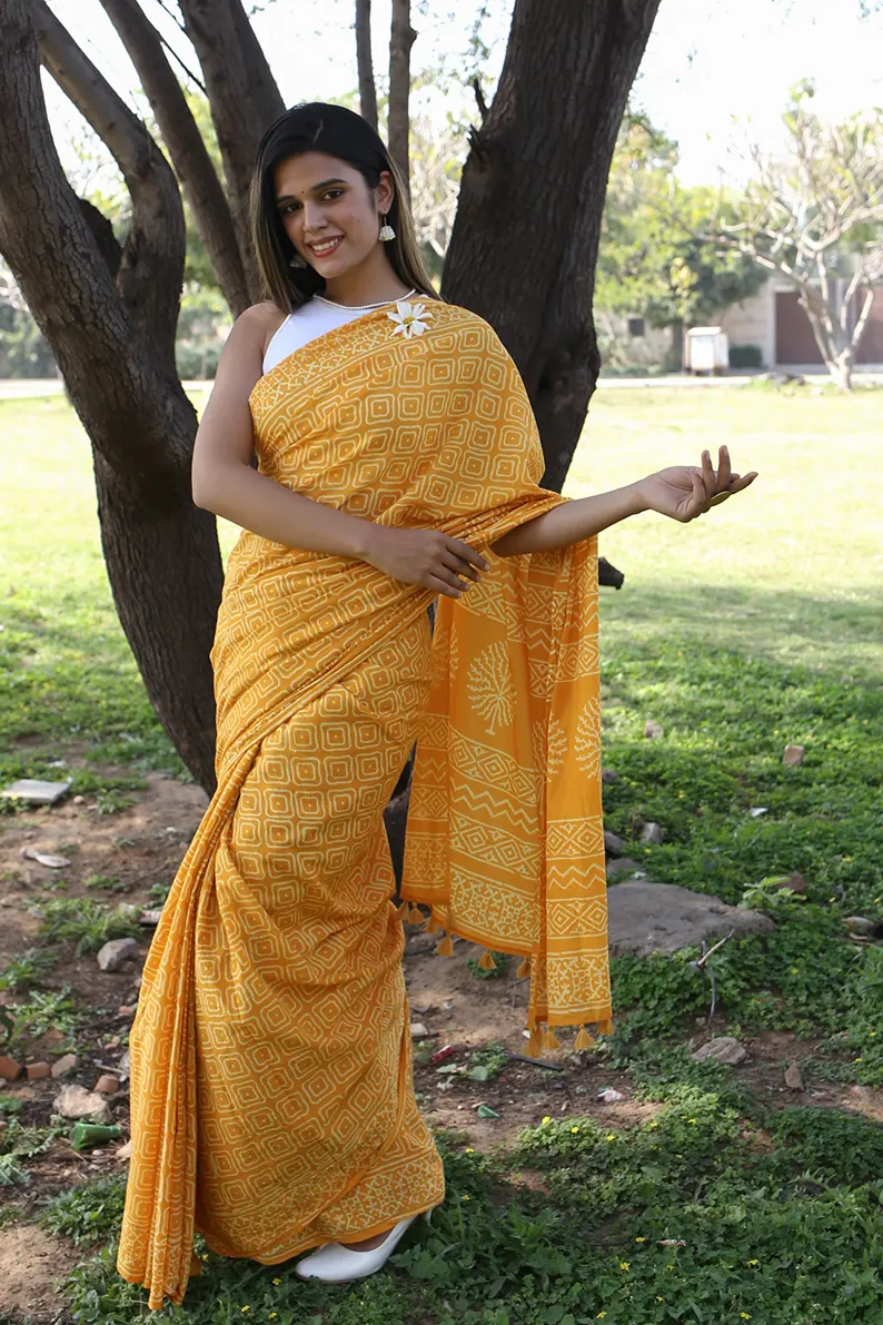 Yellow Glow - Hand Block Print Mulmul Cotton Bagru Saree - Image 5
