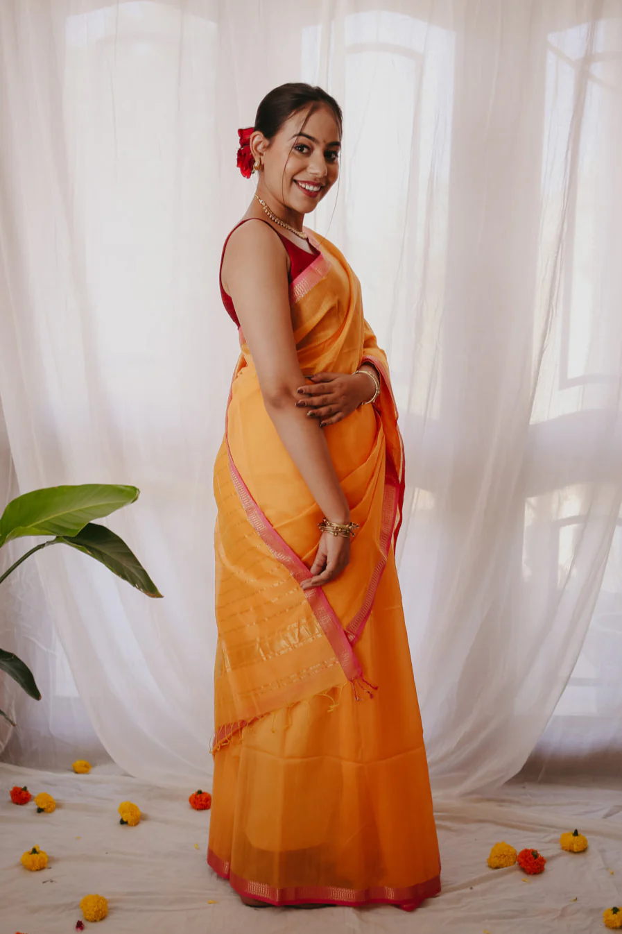 Yellow Pure Silk Cotton Maheshwari Saree - Image 5