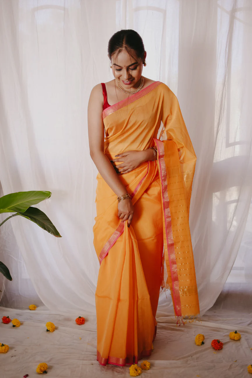Yellow Pure Silk Cotton Maheshwari Saree - Image 6