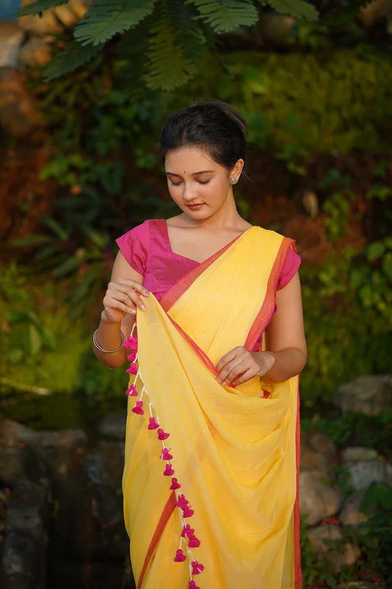 Yellow Sunshine Handwoven Mulmul Cotton Saree - Image 4