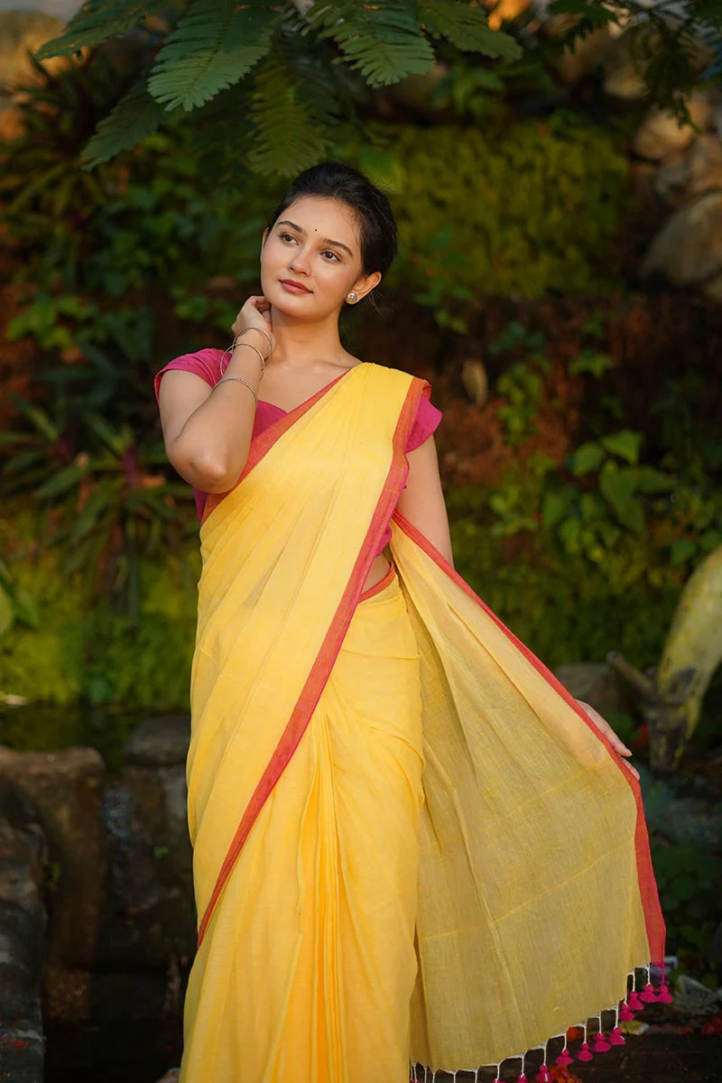 Yellow Sunshine Handwoven Mulmul Cotton Saree - Image 5