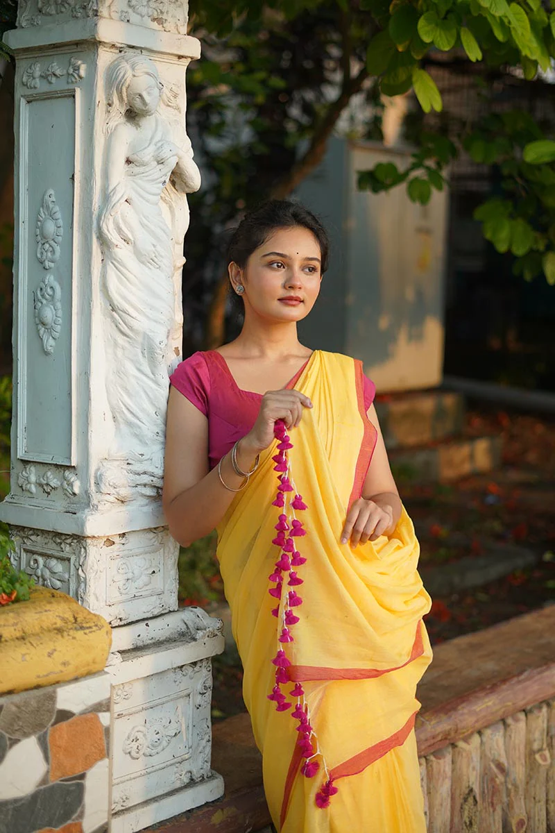 Yellow Sunshine Handwoven Mulmul Cotton Saree - Image 6