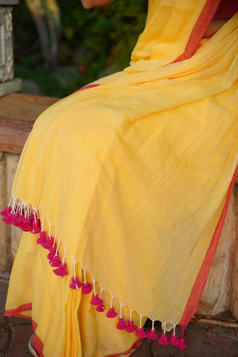 Yellow Sunshine Handwoven Mulmul Cotton Saree - Image 7