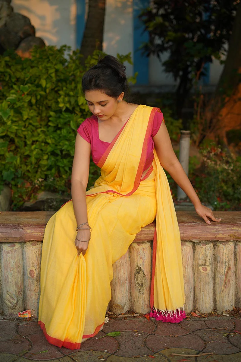 Yellow Sunshine Handwoven Mulmul Cotton Saree - Image 8