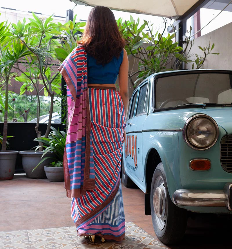 Zeenat Hand Block Print Mul Mul Cotton Saree - Image 3