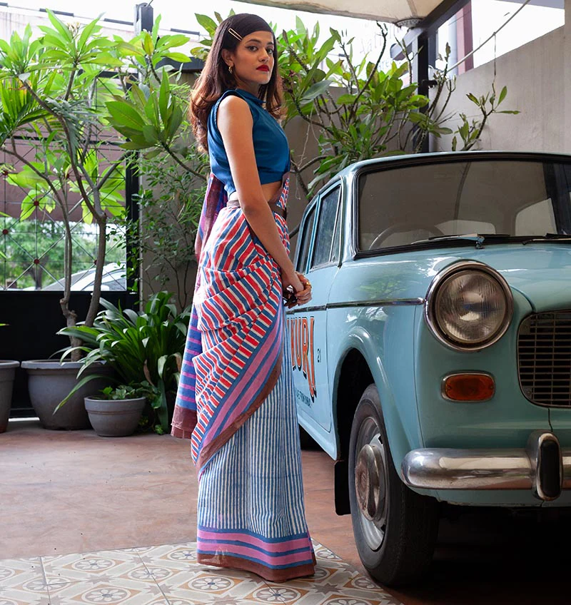 Zeenat Hand Block Print Mul Mul Cotton Saree - Image 4