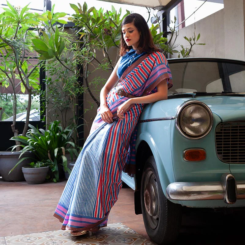 Zeenat Hand Block Print Mul Mul Cotton Saree - Image 5